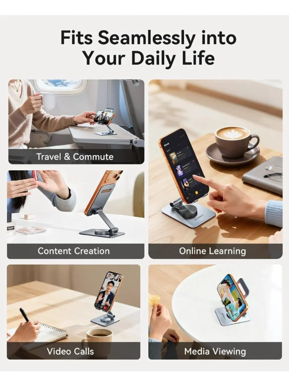 Adjustable Aluminum Phone Stand for Desk, 360° Rotating Metal Holder for